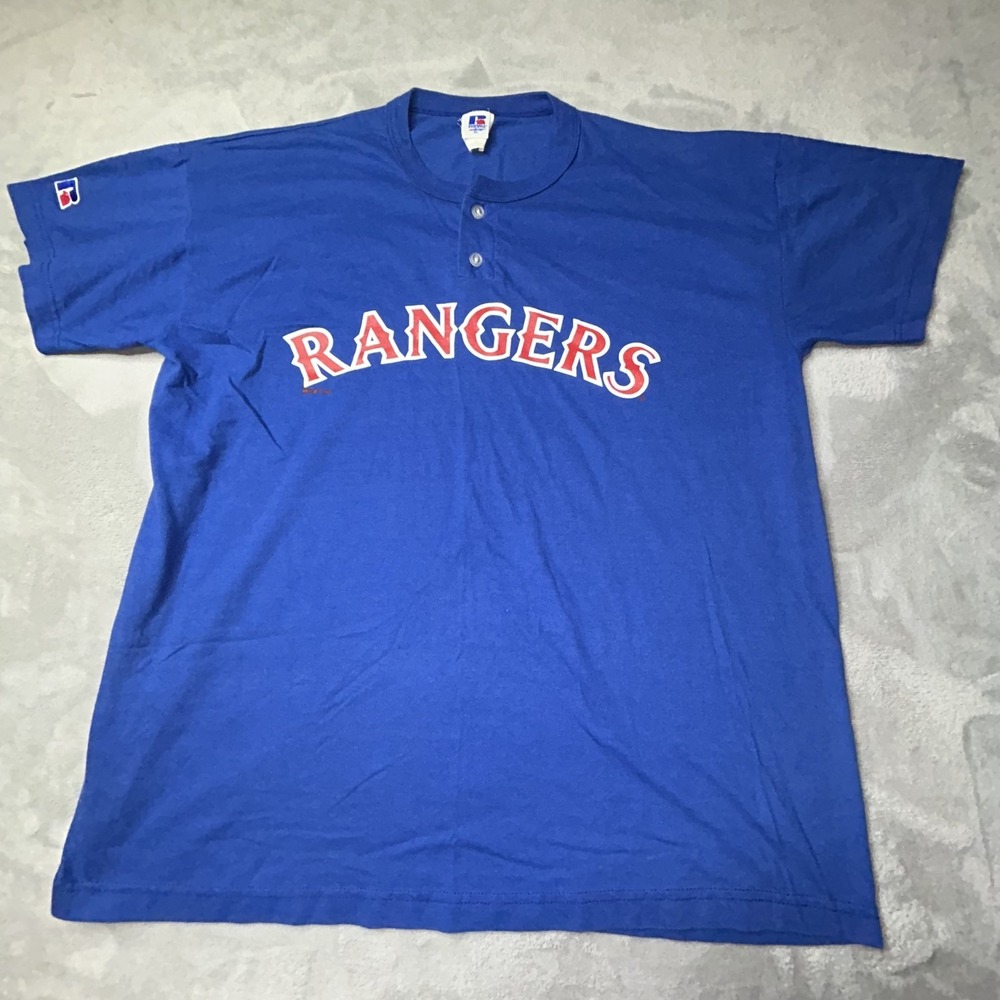 VTG Russell Athletic Texas Rangers Henley Shirt Mens XL Blue MLB Baseball 1999